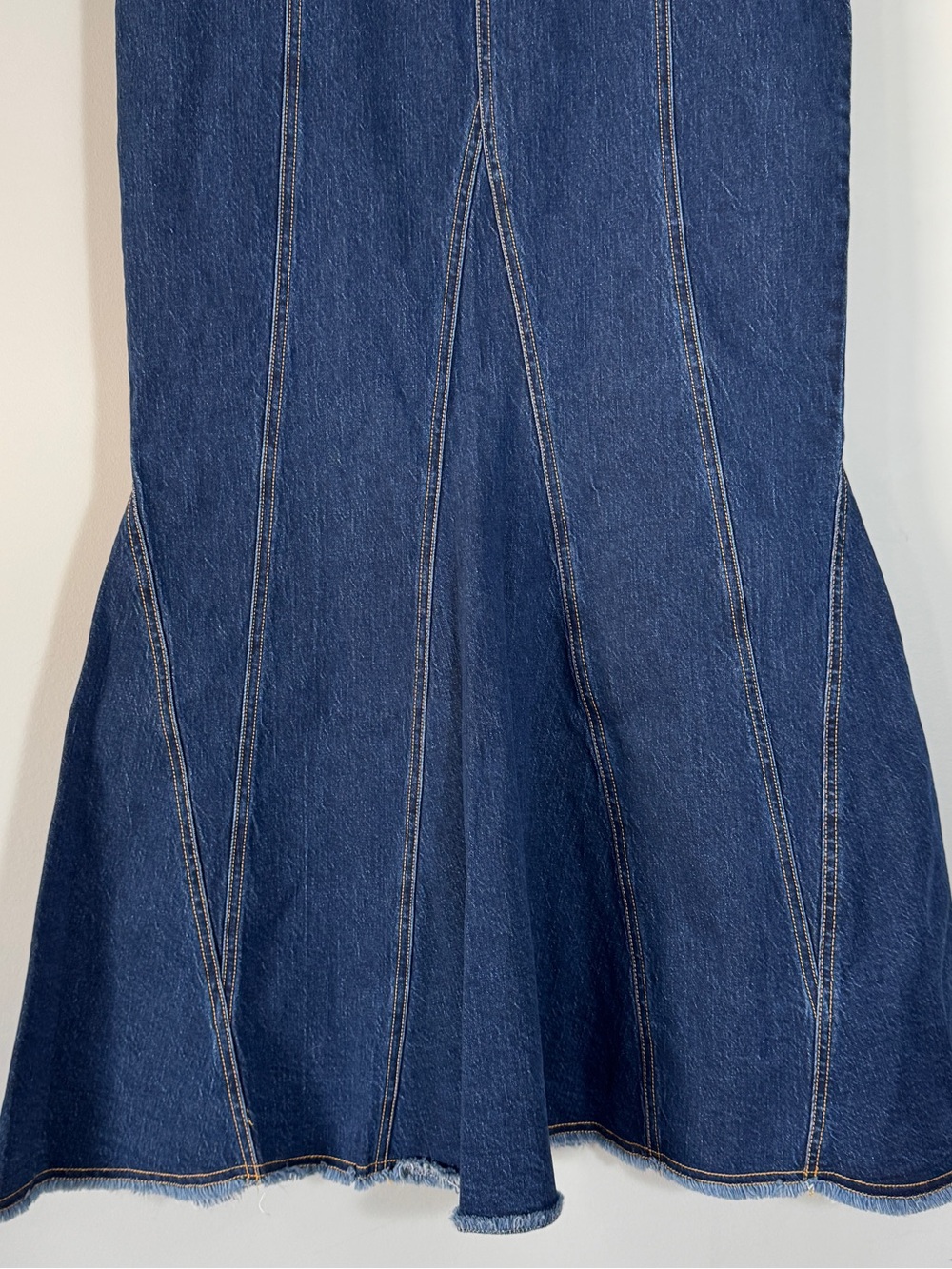 Anthropologie Pilcro Godet Flare Tulip Mermaid Denim Maxi Skirt Dark Wash Size 6 - Picture 5 of 16